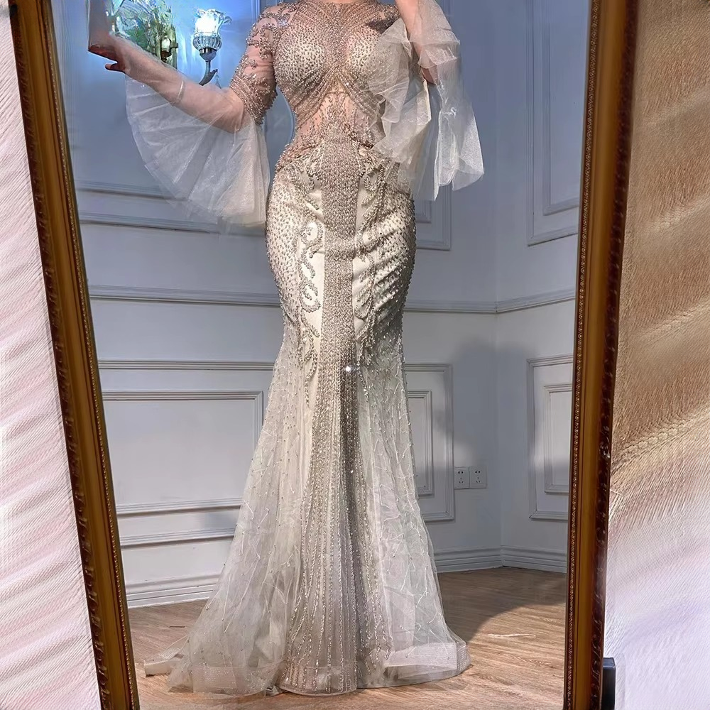 Elegant Luxury Full Sleeve O Neck Long Evening Party Dress