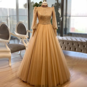 Elegant Luxury High Neck Puff Sleeves Beads Evening Party Dress