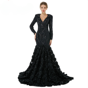 Elegant Luxury Long Sleeves V Neck  Mermaid Evening Party Dress