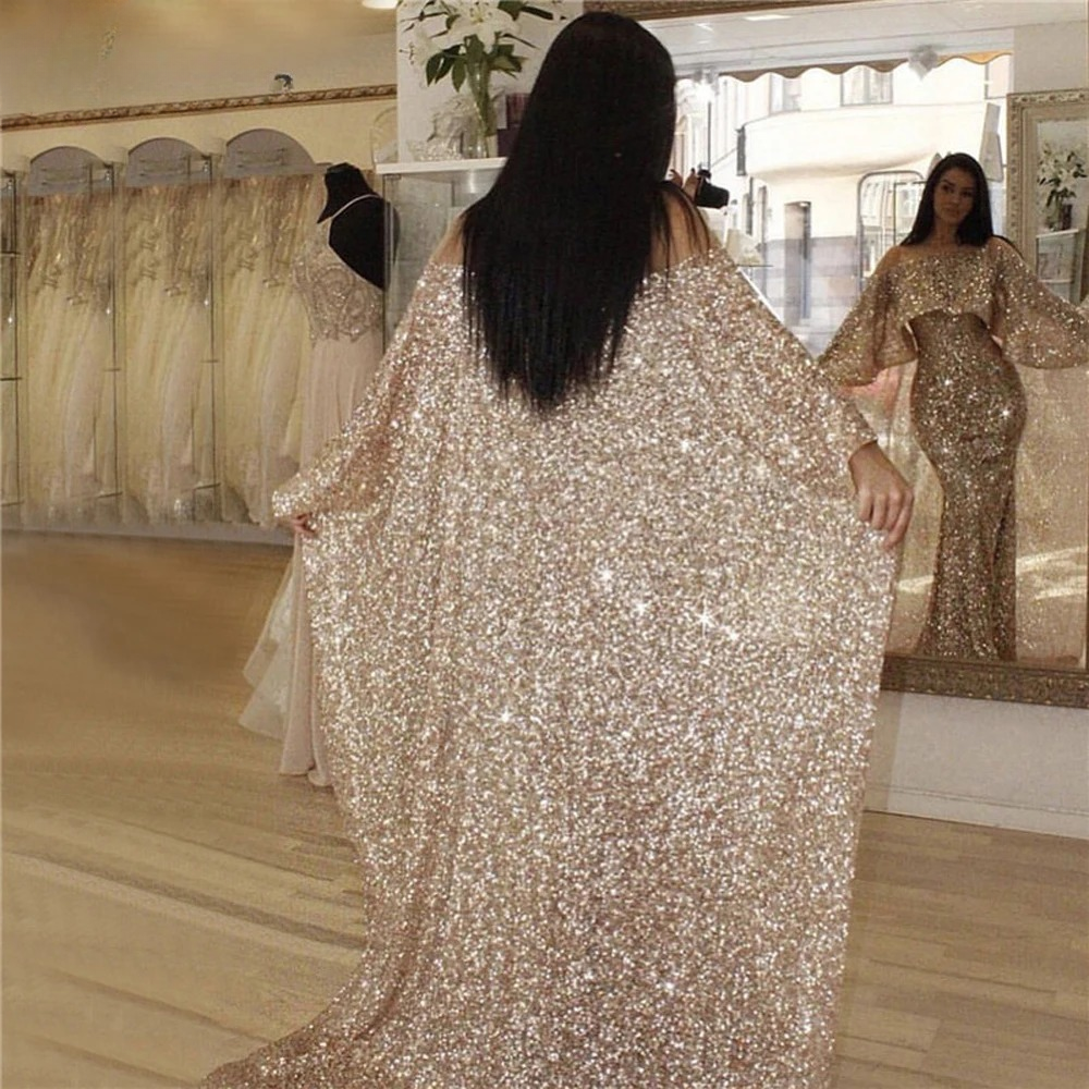 Elegant Luxury Sequined Off-Shoulder Shawl Evening Party Maxi Dress - Image 2