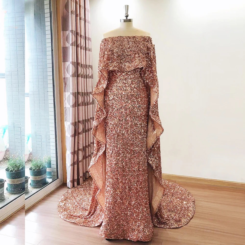 Elegant Luxury Sequined Off-Shoulder Shawl Evening Party Maxi Dress - Image 3