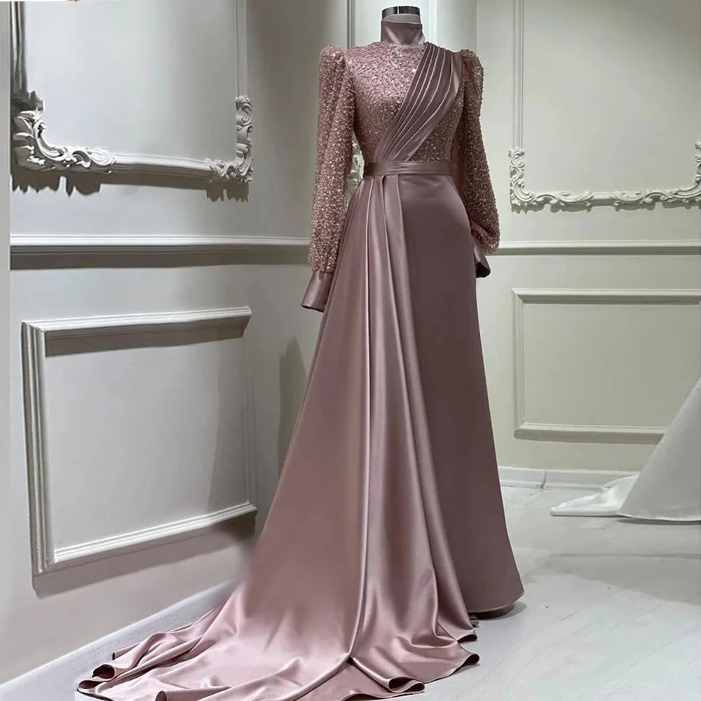 Elegant Mermaid Beads Long Sleeves V-Neck Satin Evening Party Dress - Image 7