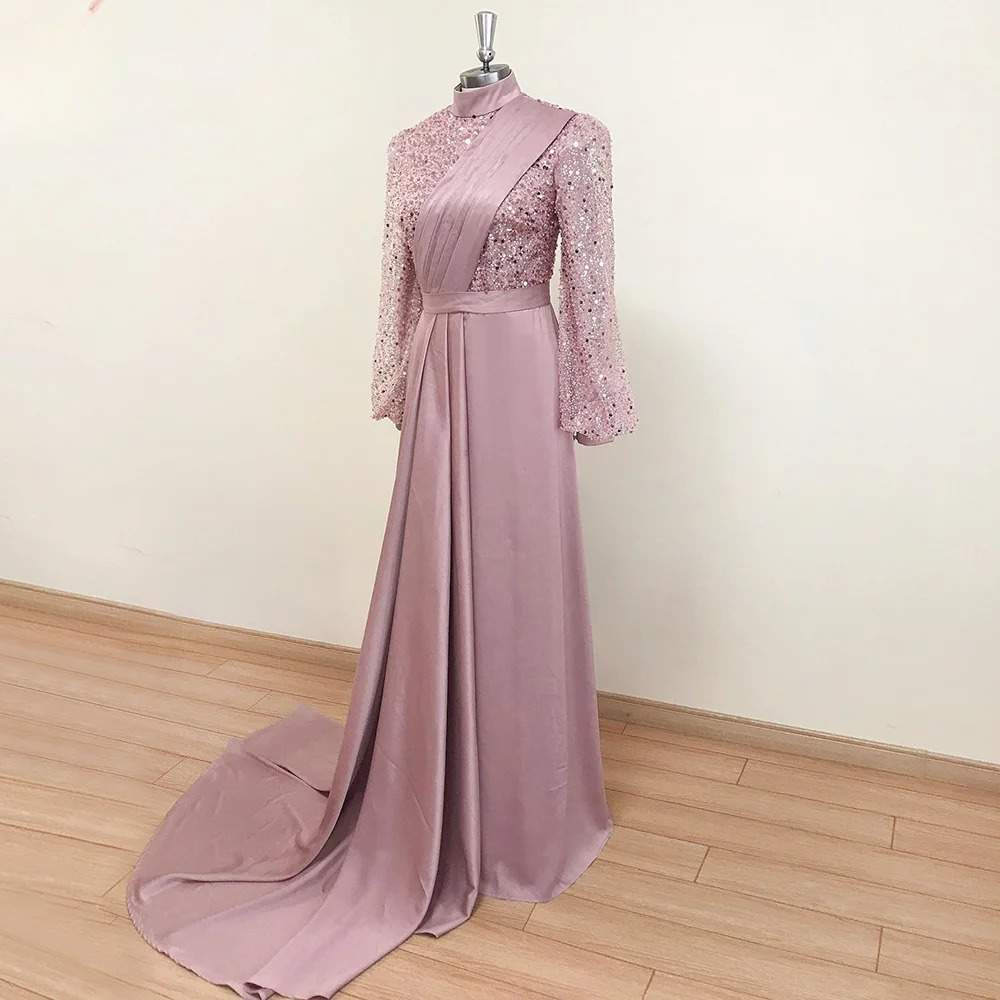 Elegant Mermaid Beads Long Sleeves V-Neck Satin Evening Party Dress - Image 2