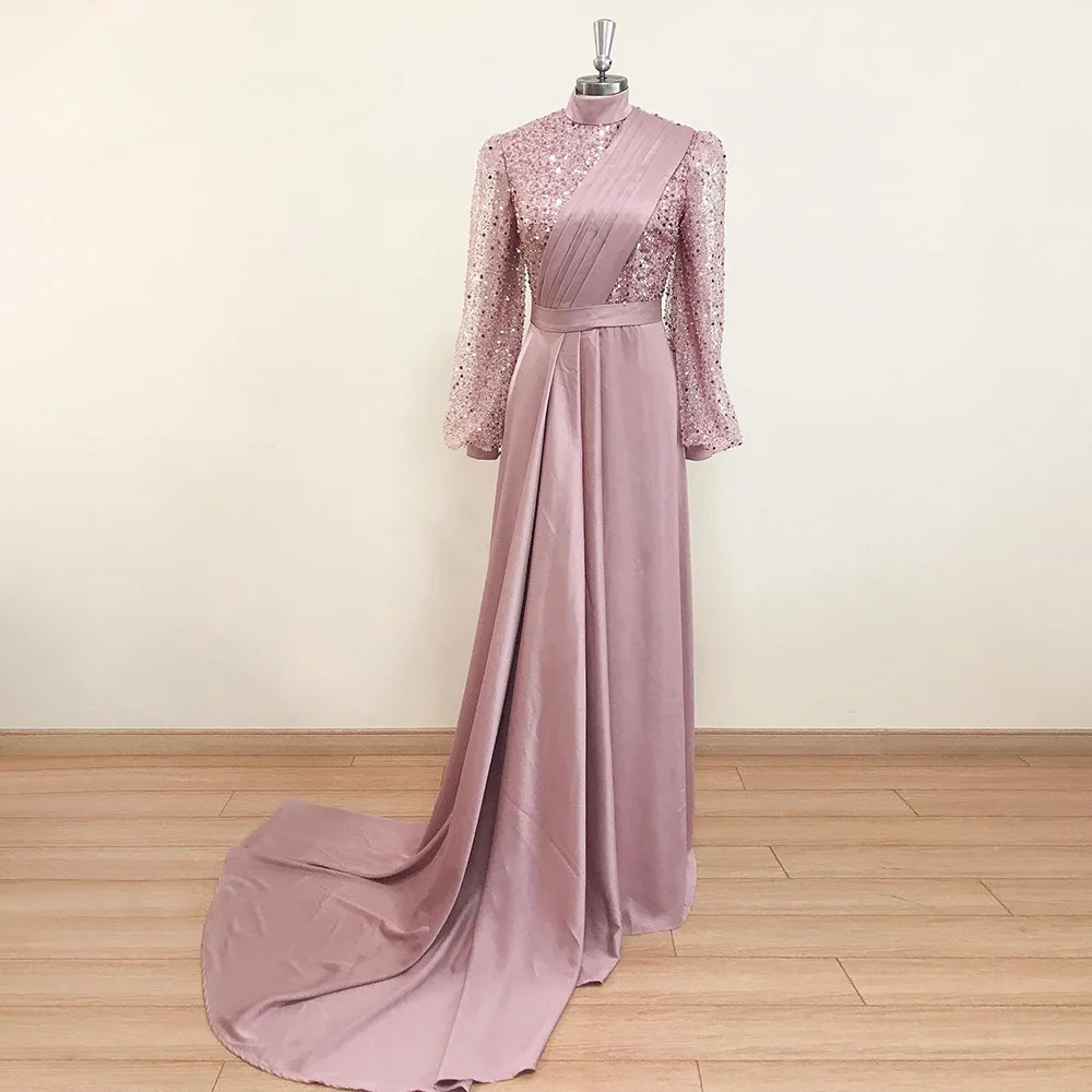 Elegant Mermaid Beads Long Sleeves V-Neck Satin Evening Party Dress - Image 3