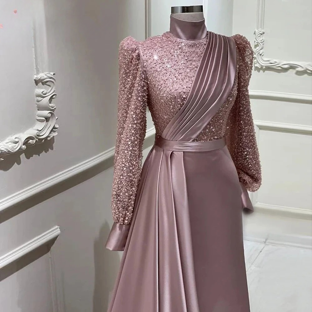 Elegant Mermaid Beads Long Sleeves V-Neck Satin Evening Party Dress - Image 9