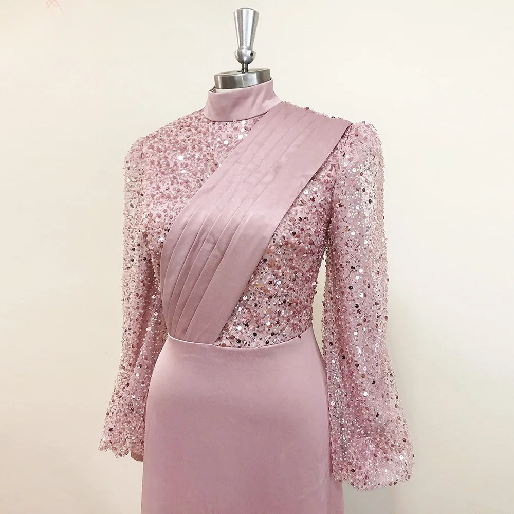 Elegant Mermaid Beads Long Sleeves V-Neck Satin Evening Party Dress - Image 5