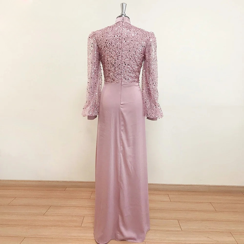 Elegant Mermaid Beads Long Sleeves V-Neck Satin Evening Party Dress - Image 4