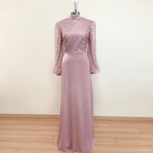Elegant Mermaid Beads Long Sleeves V-Neck Satin Evening Party Dress