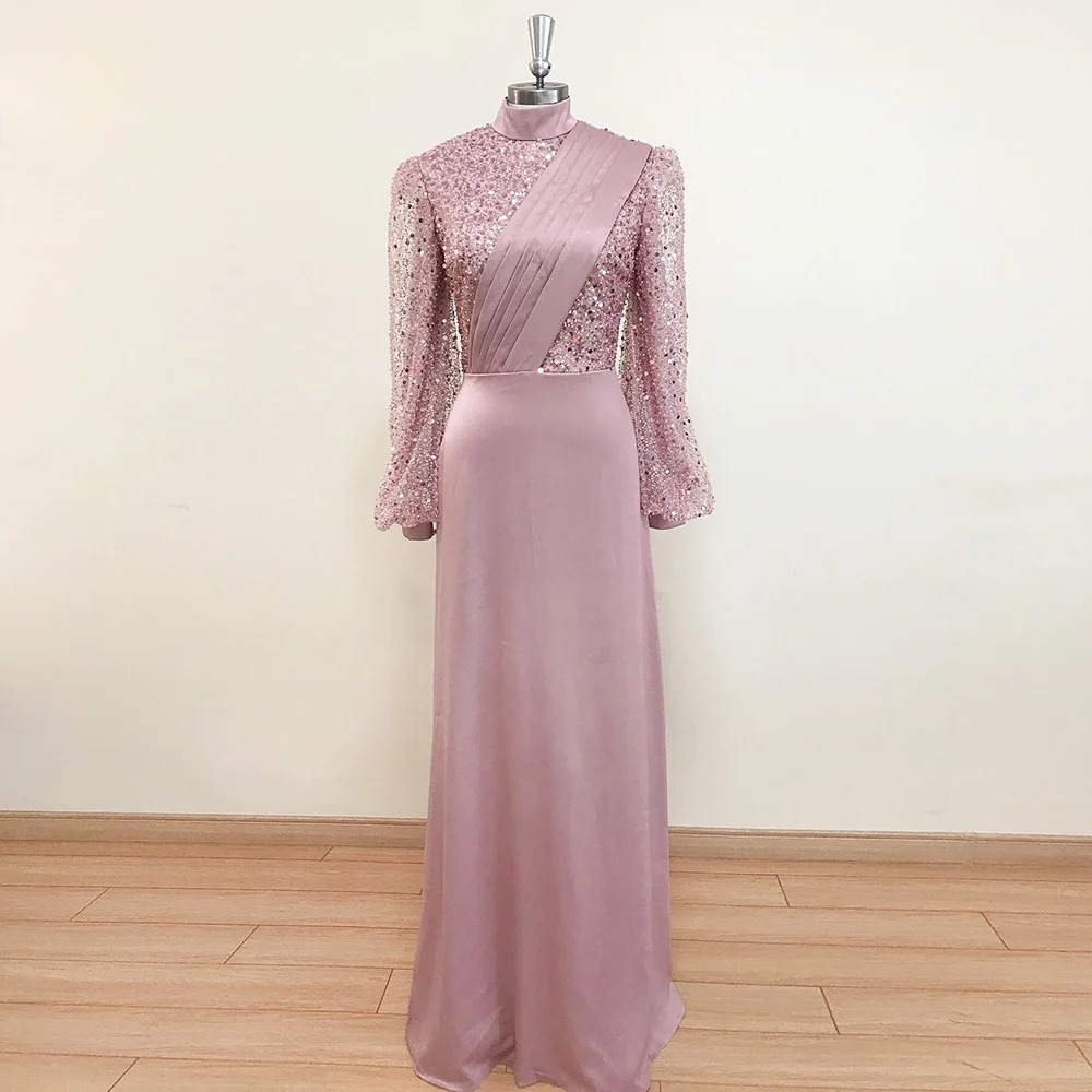 Elegant Mermaid Beads Long Sleeves V-Neck Satin Evening Party Dress