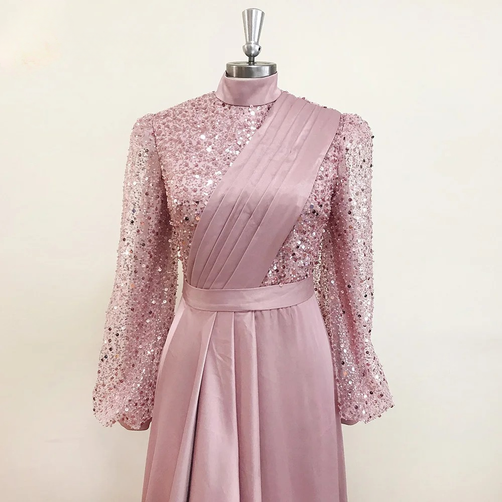 Elegant Mermaid Beads Long Sleeves V-Neck Satin Evening Party Dress - Image 6