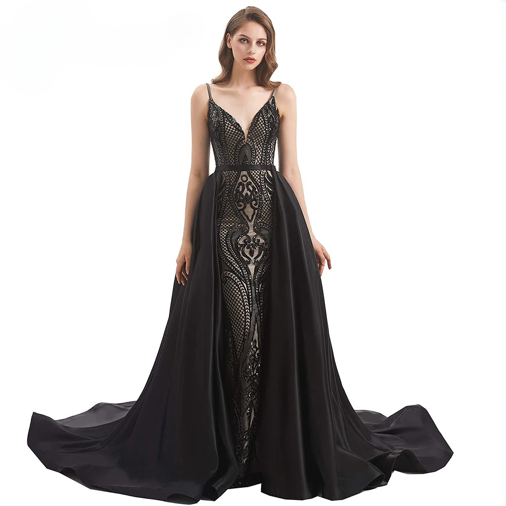 Elegant Mermaid Detachable Train Sequin Spaghetti Straps Evening Party Dress - Image 9