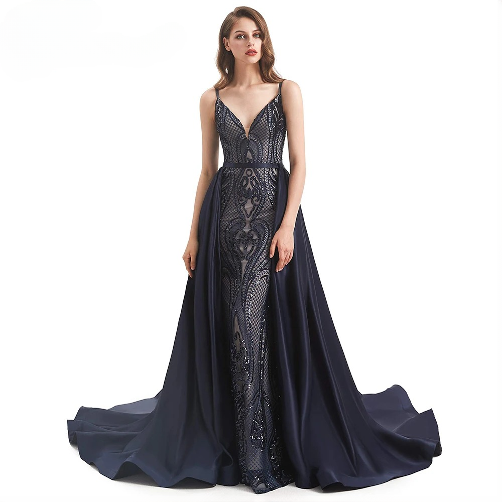 Elegant Mermaid Detachable Train Sequin Spaghetti Straps Evening Party Dress - Image 14