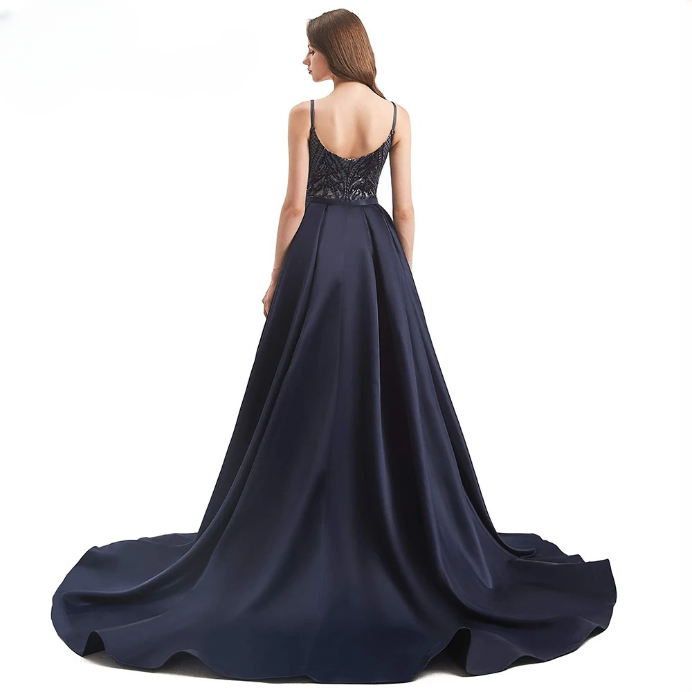 Elegant Mermaid Detachable Train Sequin Spaghetti Straps Evening Party Dress - Image 15