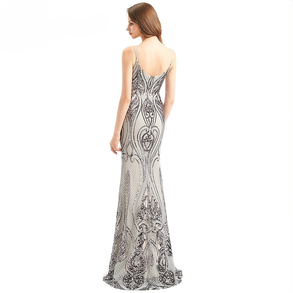 Elegant Mermaid Detachable Train Sequin Spaghetti Straps Evening Party Dress - Image 7