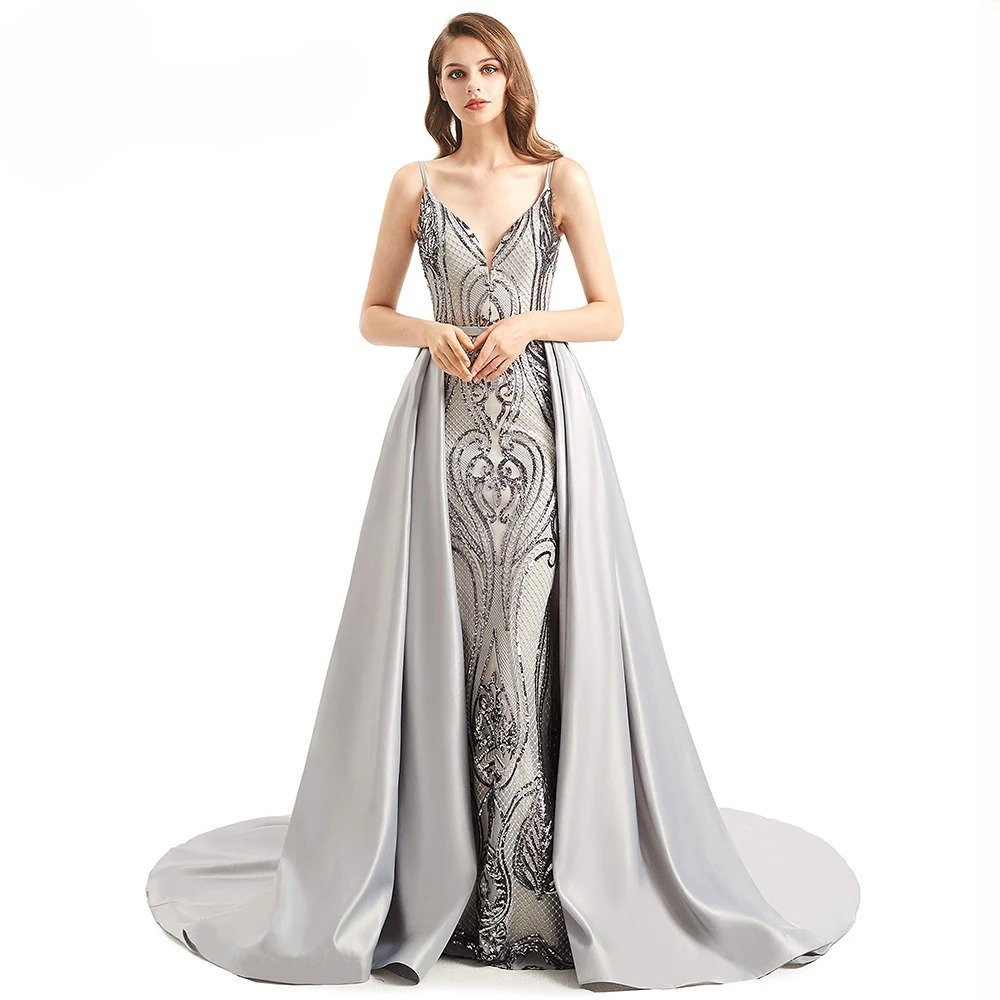 Elegant Mermaid Detachable Train Sequin Spaghetti Straps Evening Party Dress - Image 6