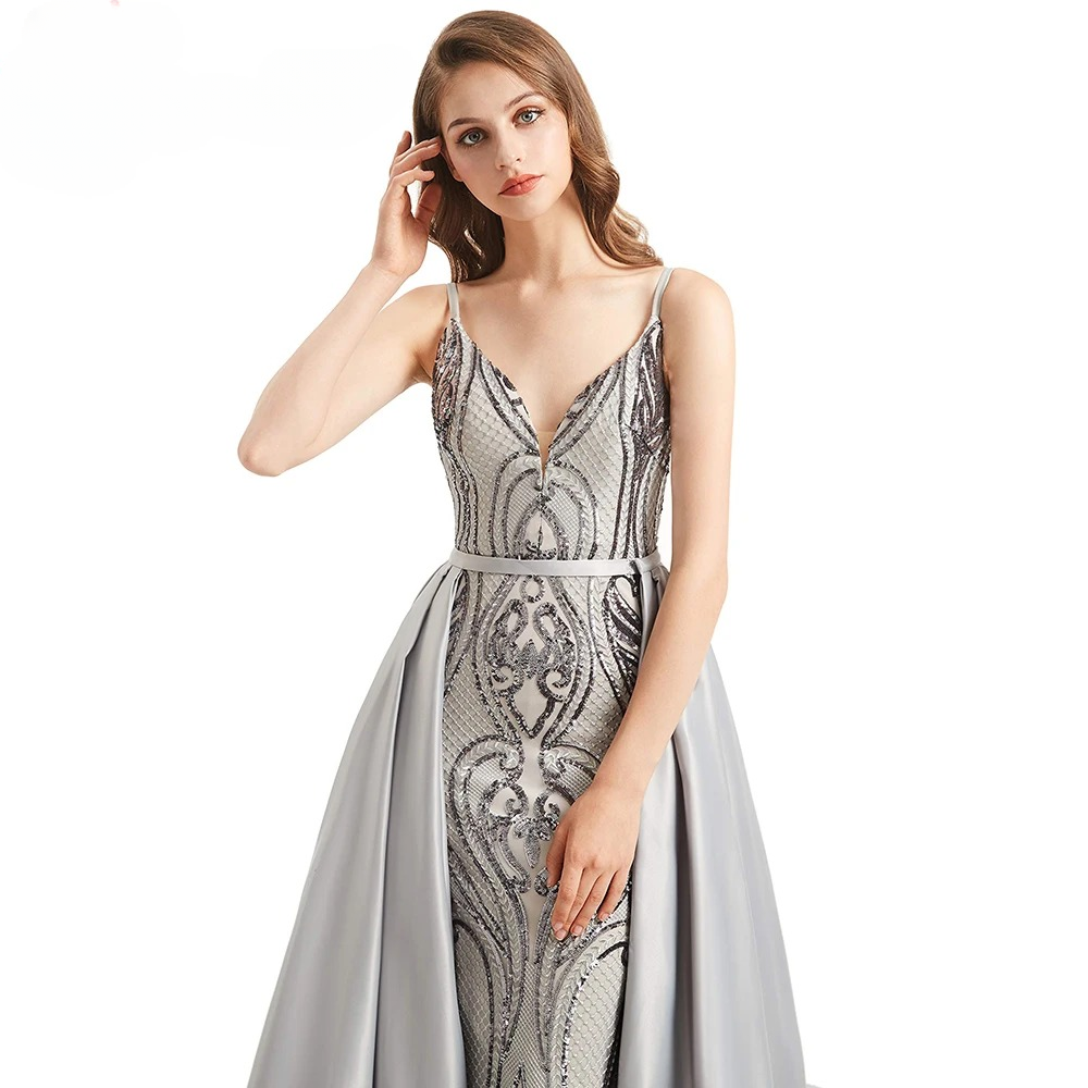 Elegant Mermaid Detachable Train Sequin Spaghetti Straps Evening Party Dress - Image 5