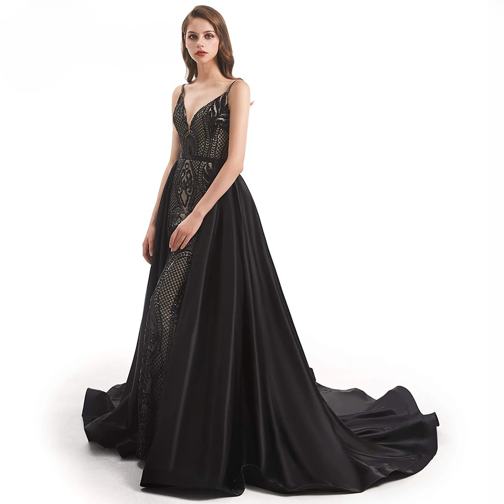 Elegant Mermaid Detachable Train Sequin Spaghetti Straps Evening Party Dress - Image 10