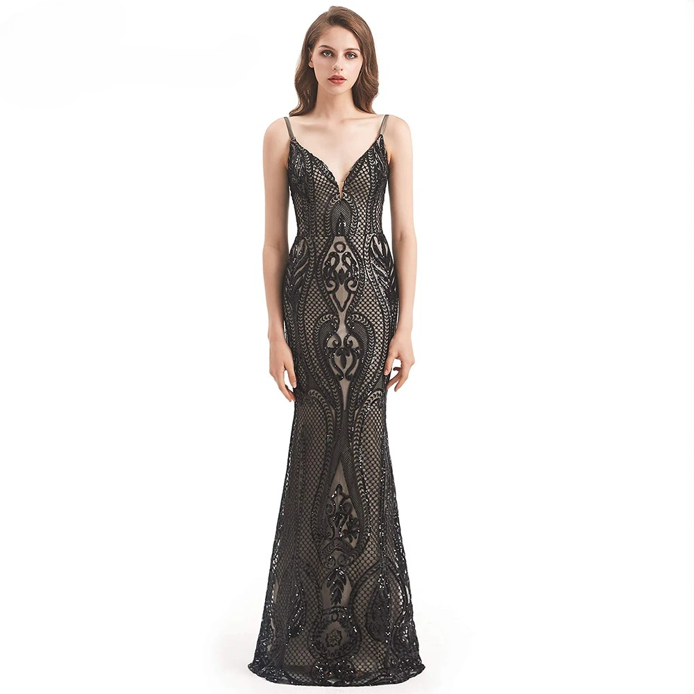 Elegant Mermaid Detachable Train Sequin Spaghetti Straps Evening Party Dress - Image 12