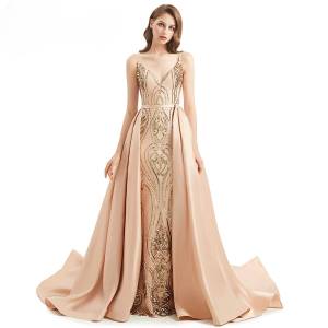 Elegant Mermaid Detachable Train Sequin Spaghetti Straps Evening Party Dress