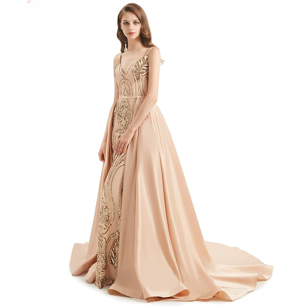 Elegant Mermaid Detachable Train Sequin Spaghetti Straps Evening Party Dress - Image 2