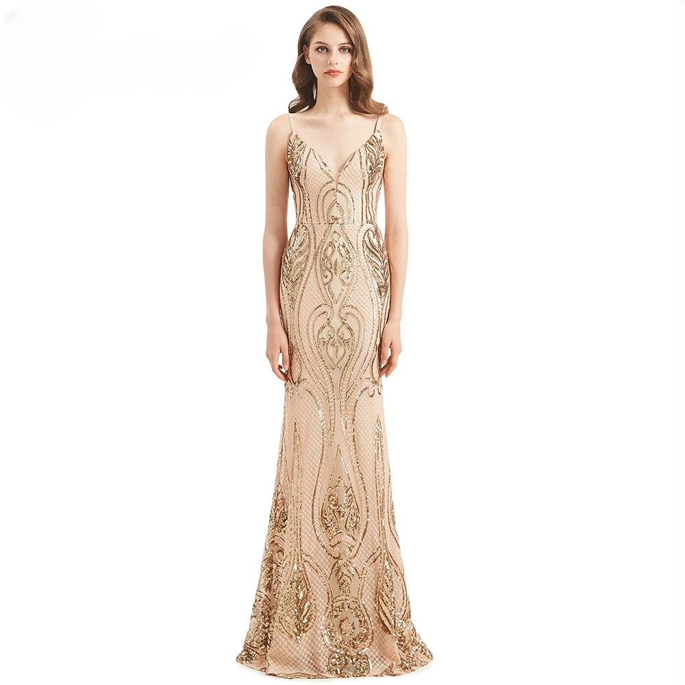 Elegant Mermaid Detachable Train Sequin Spaghetti Straps Evening Party Dress - Image 3