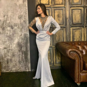 Elegant Mermaid Side Slit Beads Ruffles Evening Party Dress