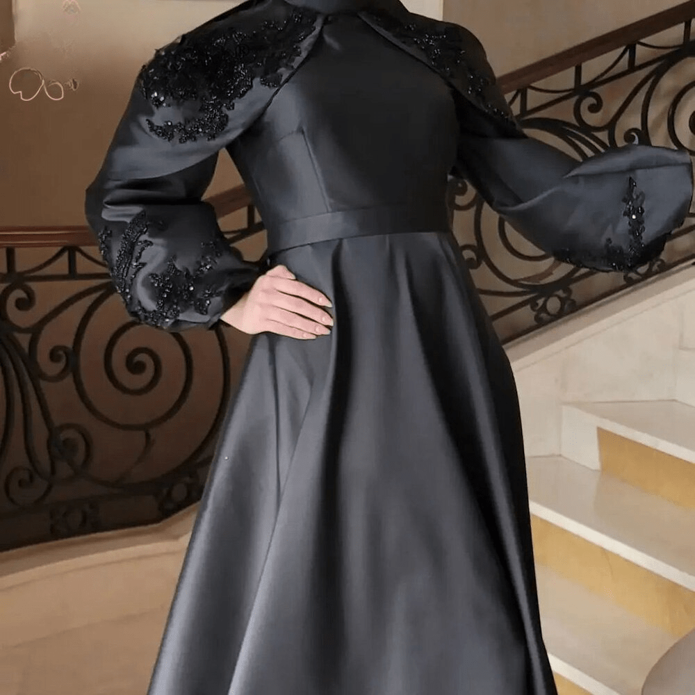 Elegant Muslim Black Evening Night Dress for Women High Neck Long Sleeves Beads Sequin - Image 3