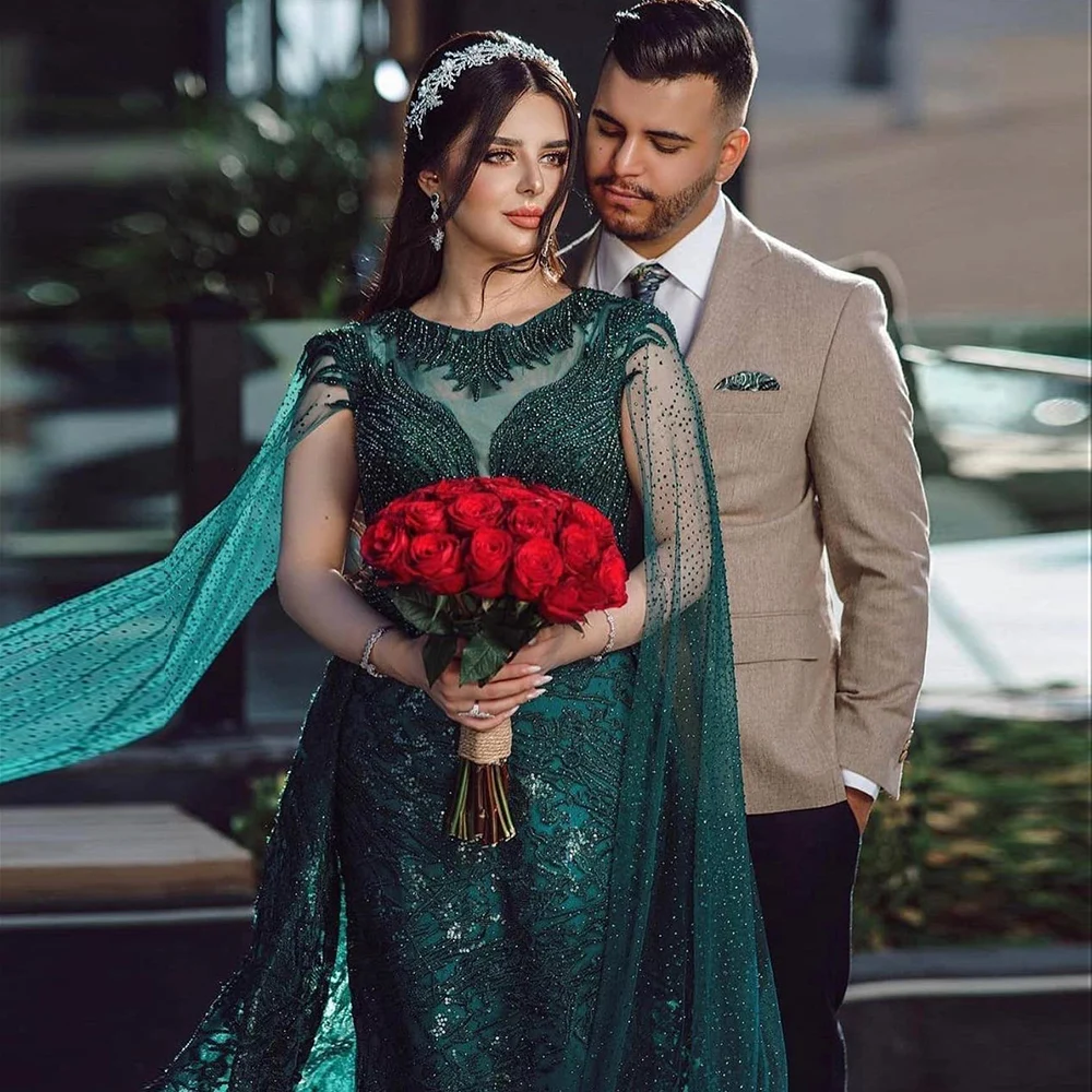 Elegant O-Neck Long Cape Sleeves Crystal Evening Party Maxi Dress - Image 9