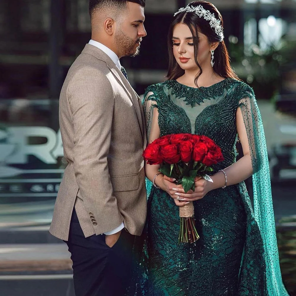 Elegant O-Neck Long Cape Sleeves Crystal Evening Party Maxi Dress - Image 8