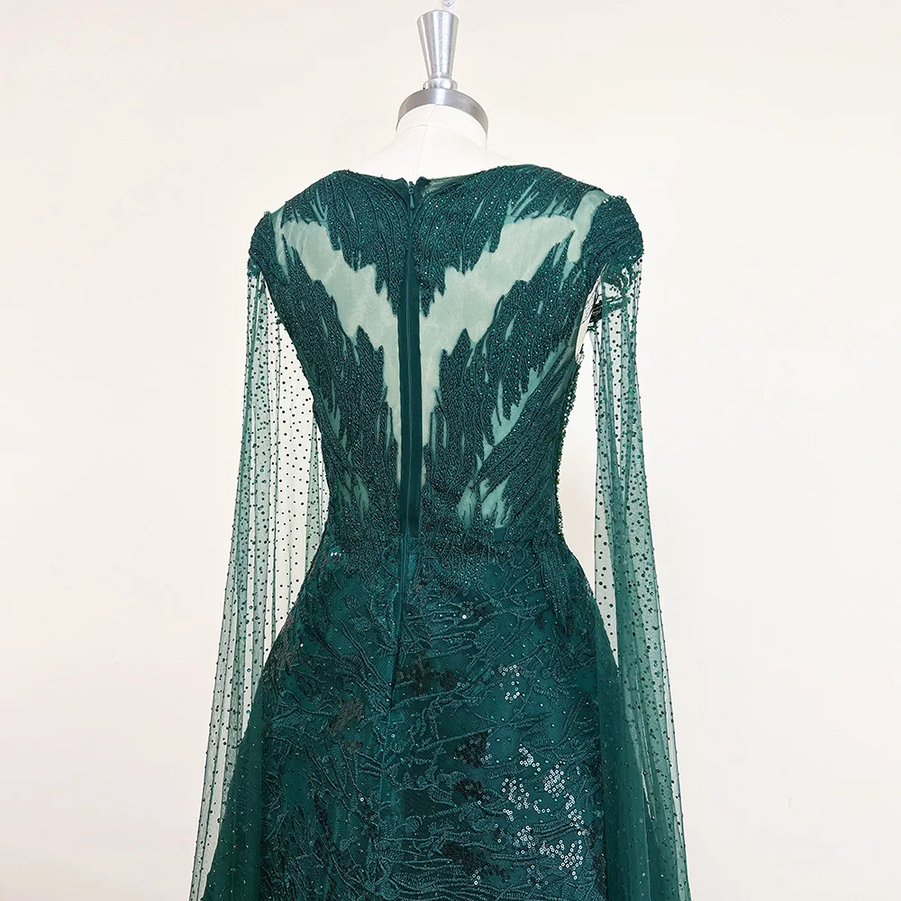 Elegant O-Neck Long Cape Sleeves Crystal Evening Party Maxi Dress - Image 5