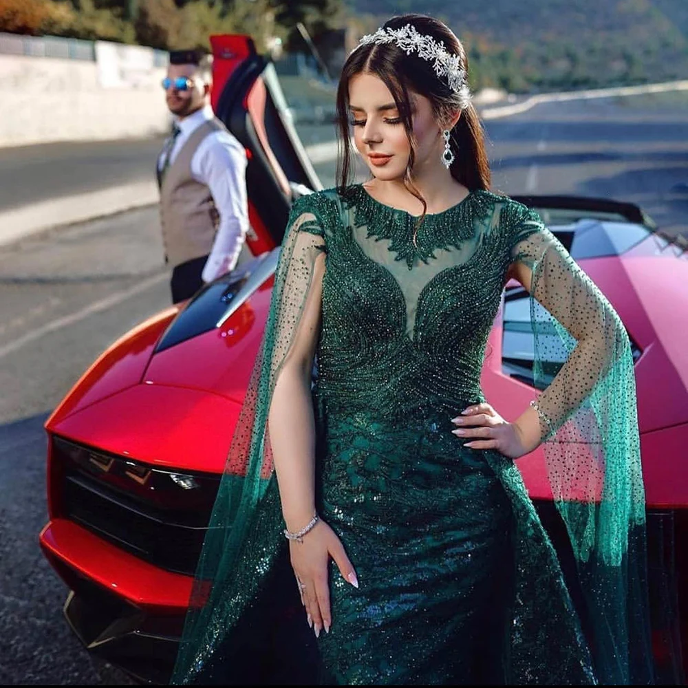 Elegant O-Neck Long Cape Sleeves Crystal Evening Party Maxi Dress - Image 7