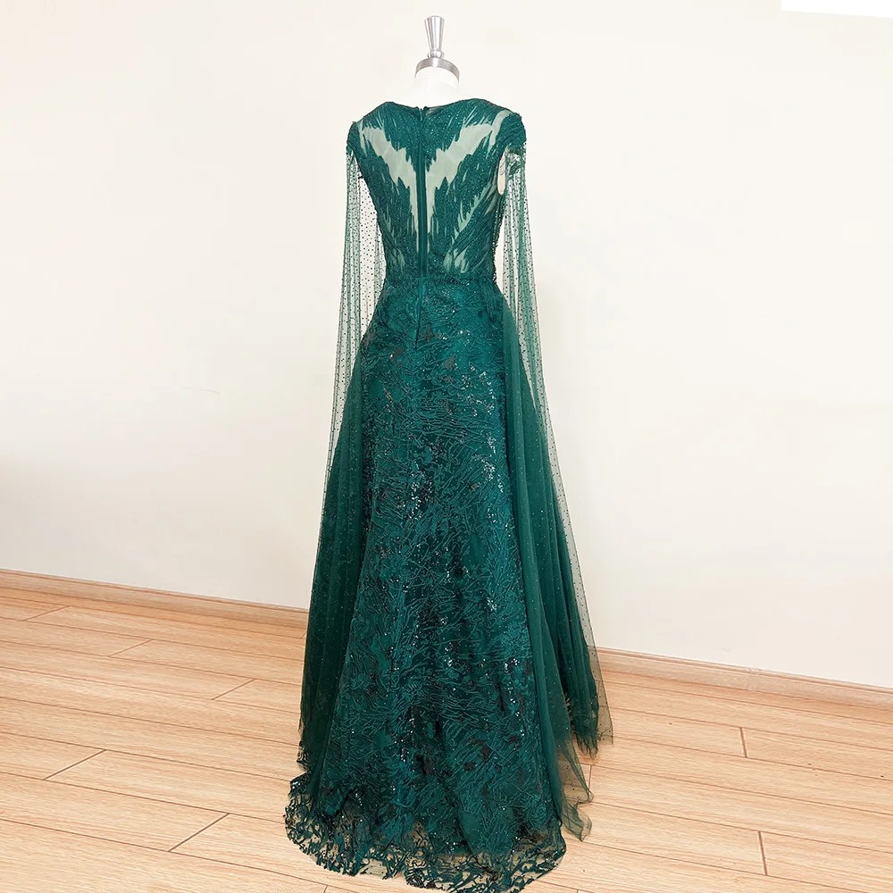Elegant O-Neck Long Cape Sleeves Crystal Evening Party Maxi Dress - Image 3