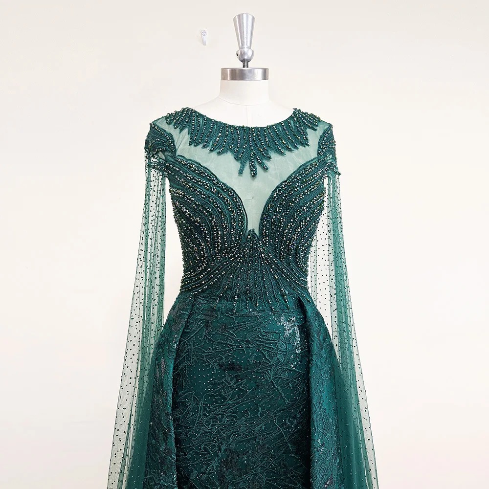 Elegant O-Neck Long Cape Sleeves Crystal Evening Party Maxi Dress - Image 4