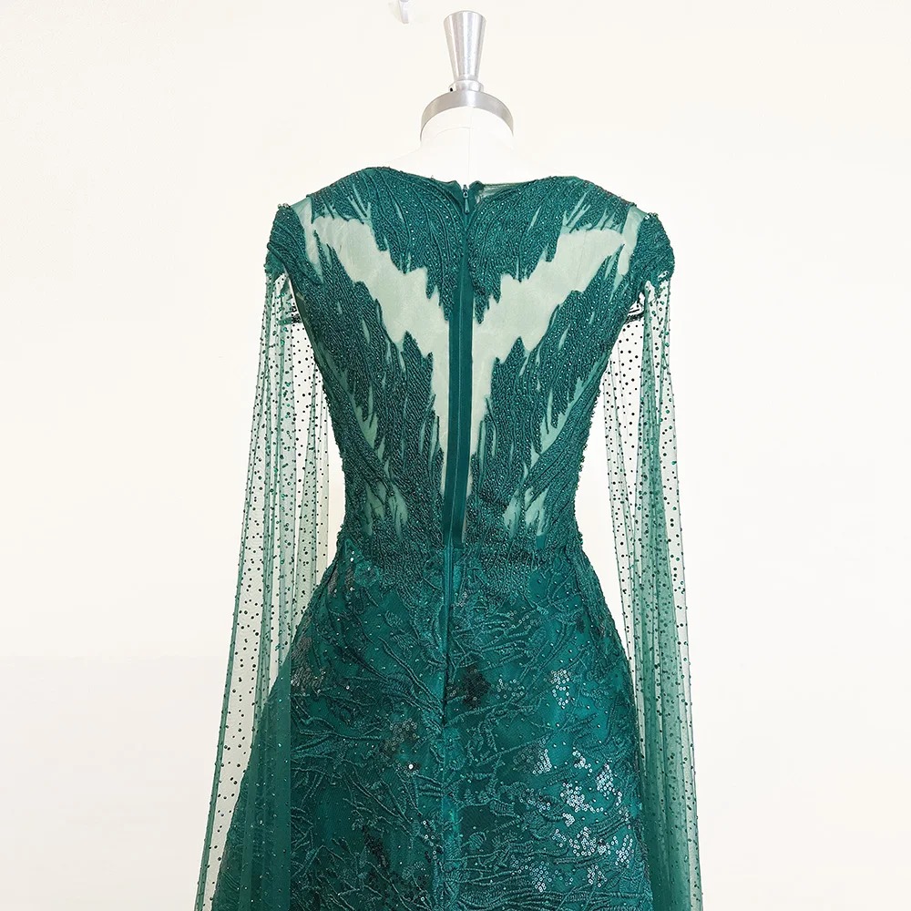 Elegant O-Neck Long Cape Sleeves Crystal Evening Party Maxi Dress - Image 6