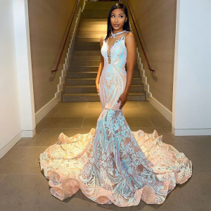 Elegant O-neck Sleeveless Sequin Floor-Length Prom Party Dress