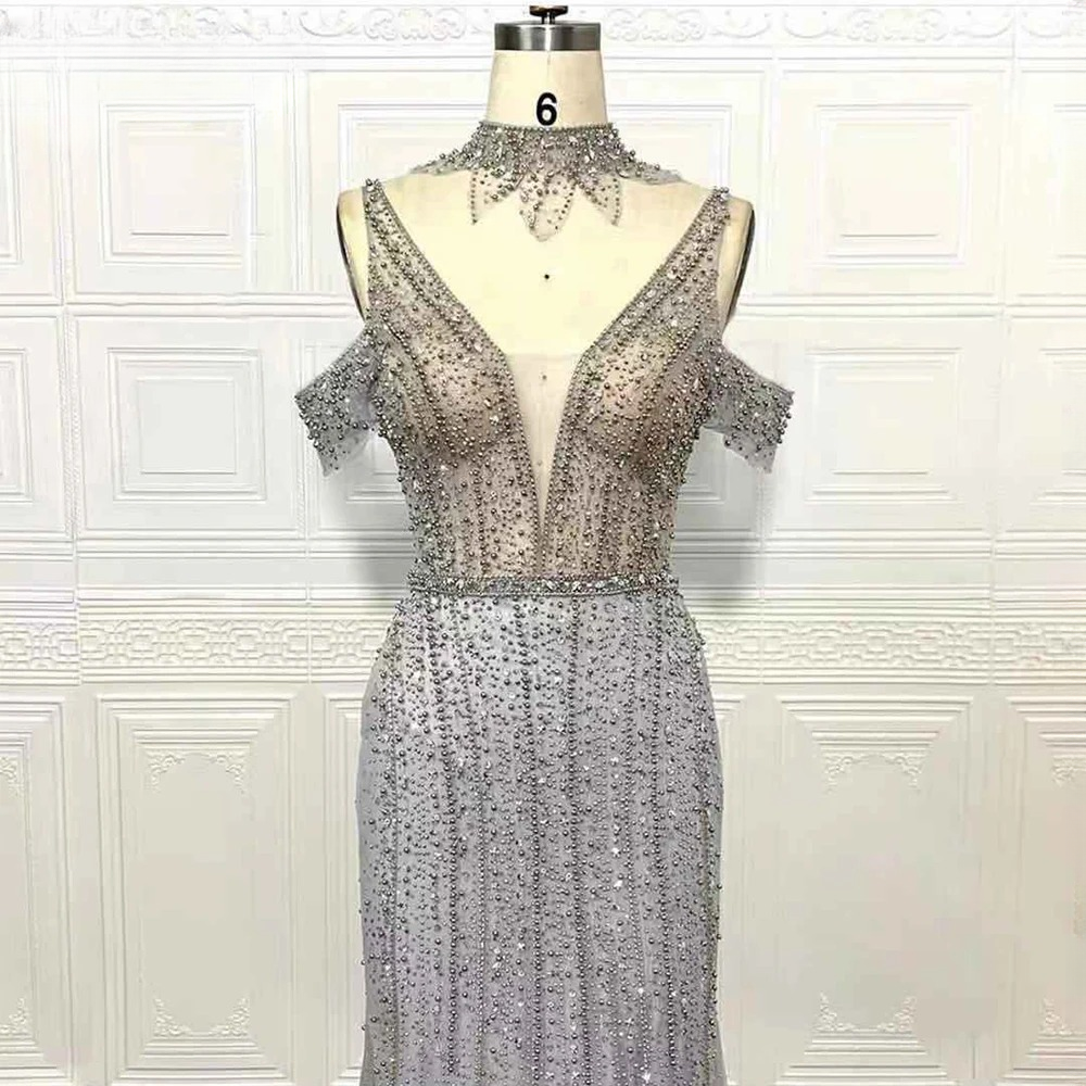 Elegant Pearls V-Neck Sleeveless Floor-Length Evening Party Dress - Image 4