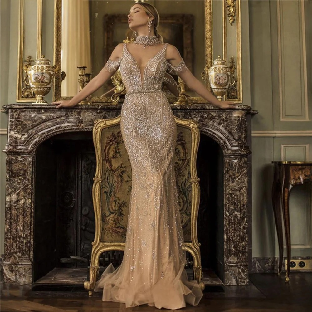 Elegant Pearls V-Neck Sleeveless Floor-Length Evening Party Dress - Image 6