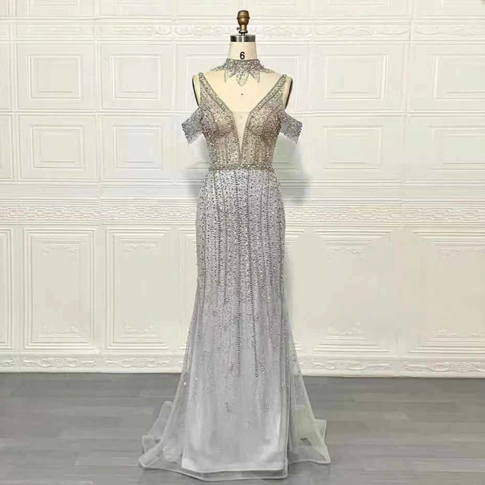 Elegant Pearls V-Neck Sleeveless Floor-Length Evening Party Dress - Image 2