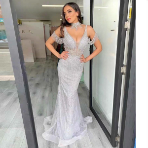 Elegant Pearls V-Neck Sleeveless Floor-Length Evening Party Dress