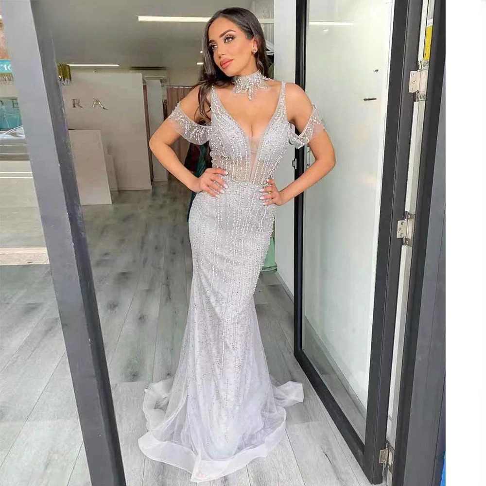 Elegant Pearls V-Neck Sleeveless Floor-Length Evening Party Dress