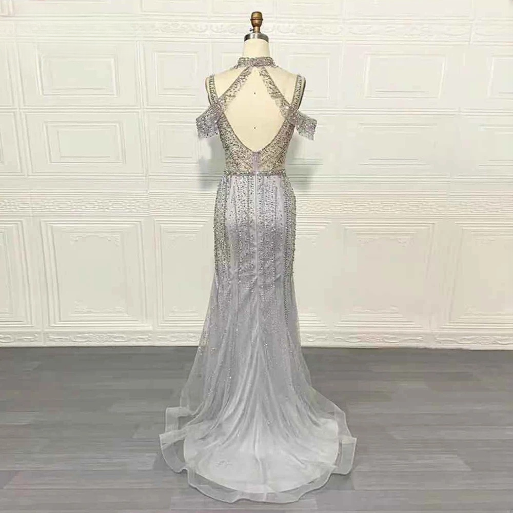 Elegant Pearls V-Neck Sleeveless Floor-Length Evening Party Dress - Image 3