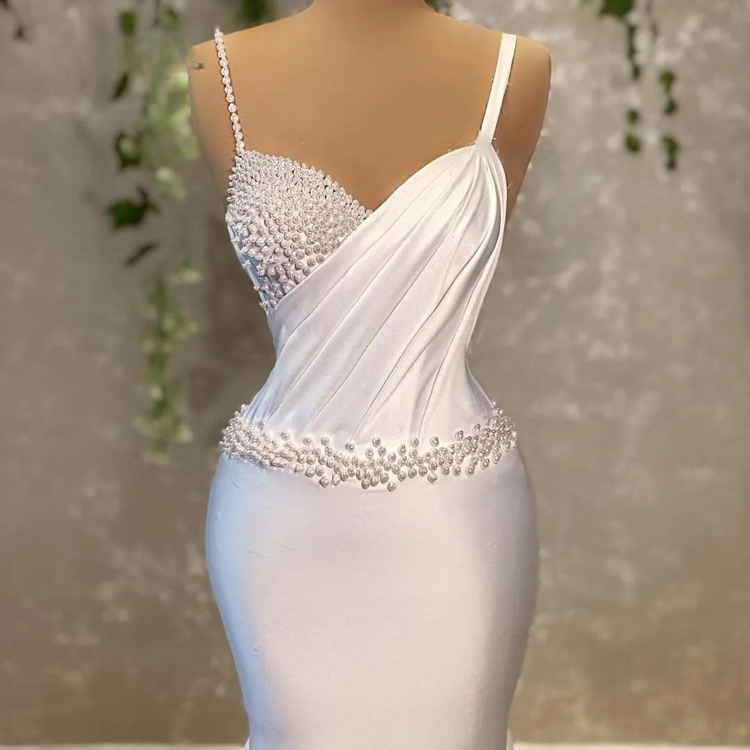 Elegant Spaghetti Straps Sweetheart Mermaid Pearl Evening Party Dress - Image 2