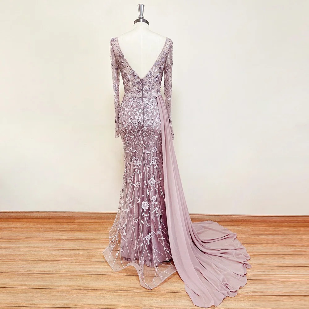Elegant V-Neck Crystal Chiffon Skirt Lace Evening Party Dress - Image 3