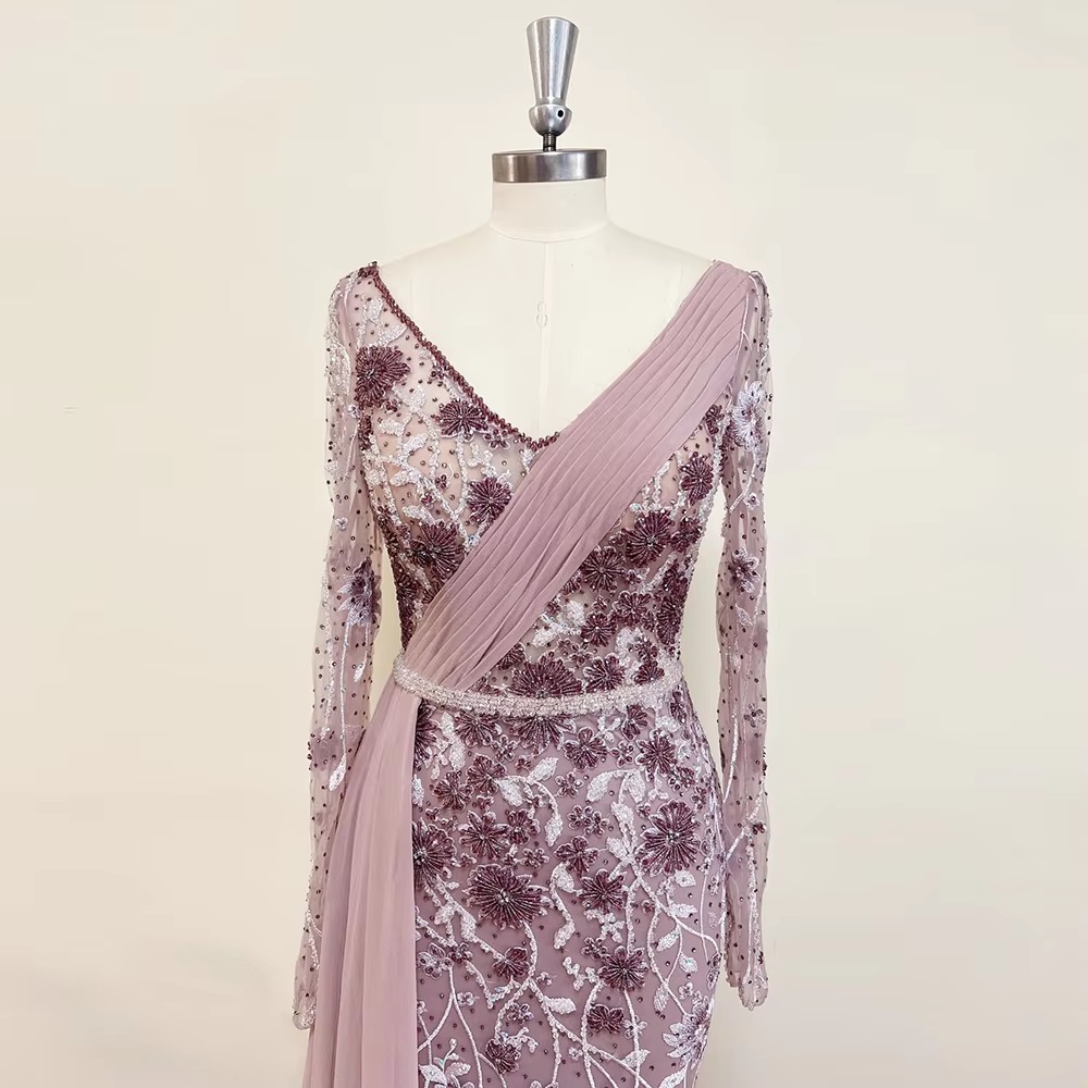 Elegant V-Neck Crystal Chiffon Skirt Lace Evening Party Dress - Image 2