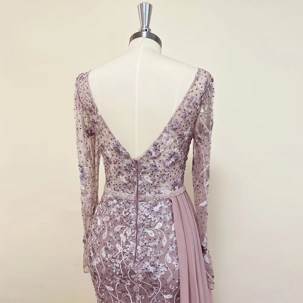 Elegant V-Neck Crystal Chiffon Skirt Lace Evening Party Dress - Image 4