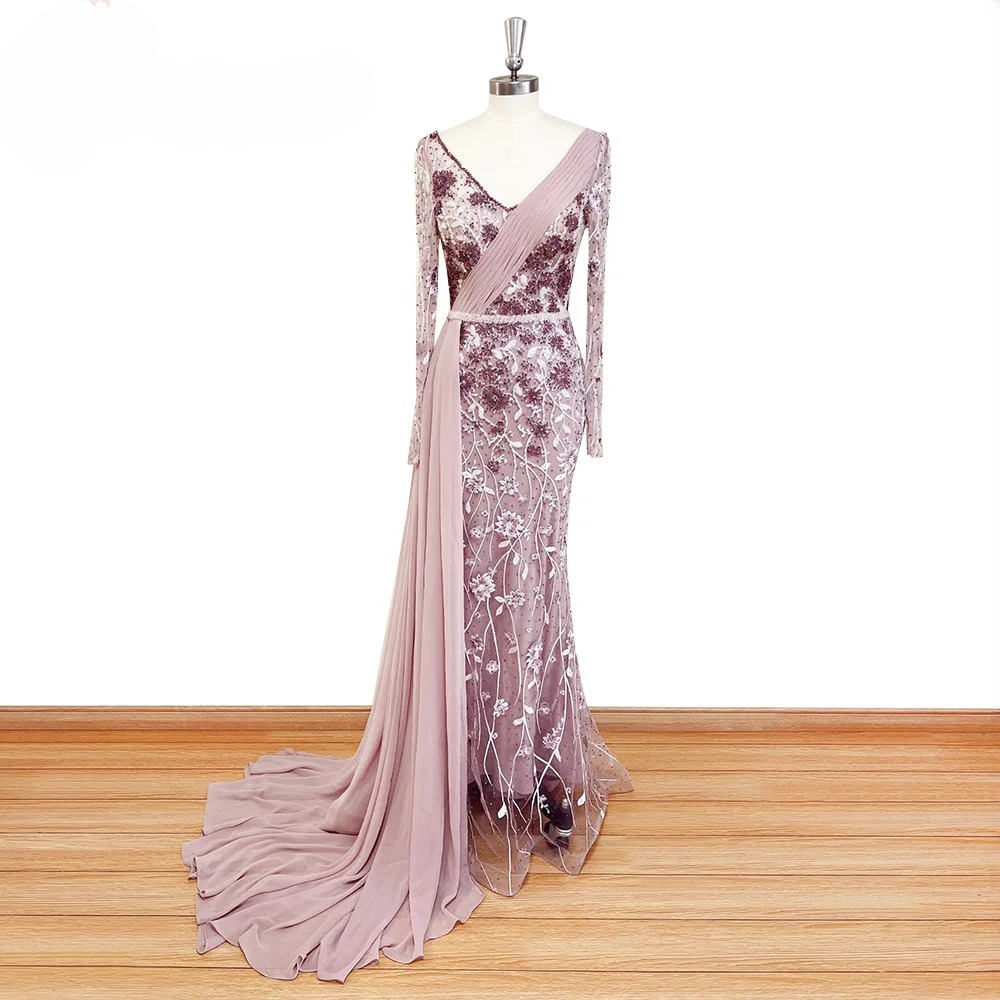 Elegant V-Neck Crystal Chiffon Skirt Lace Evening Party Dress