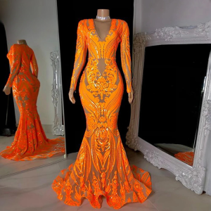 Elegant V-Neck Mermaid Sequin Floor-Length Party Prom Dress