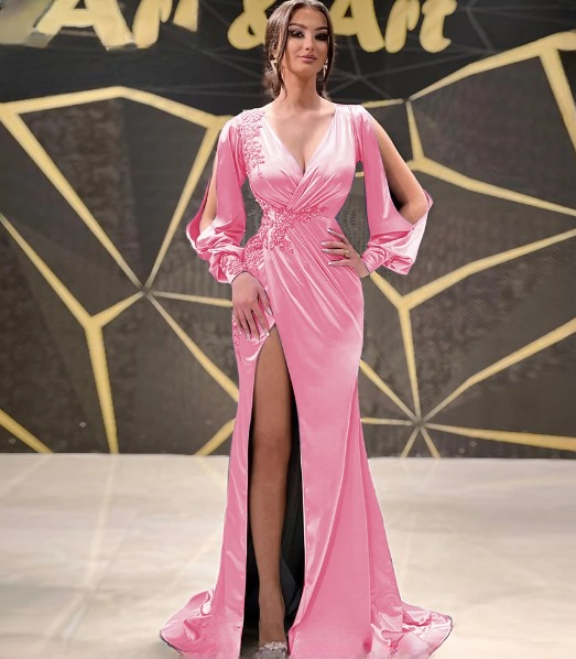 Elegant V-Neck Side Slit Satin Lace Applique Evening Party Dress - Image 14