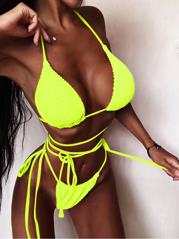 Micro Textured Bandage Halter Neck Brazilian Bathing Suit