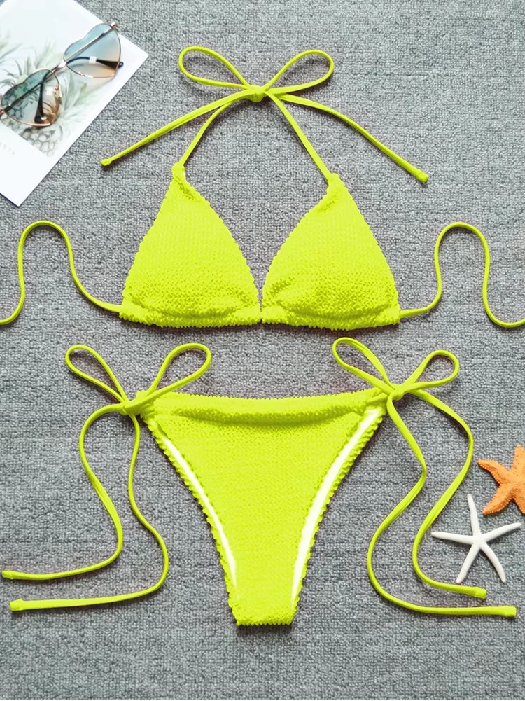 Micro Textured Bandage Halter Neck Brazilian Bathing Suit - Image 3